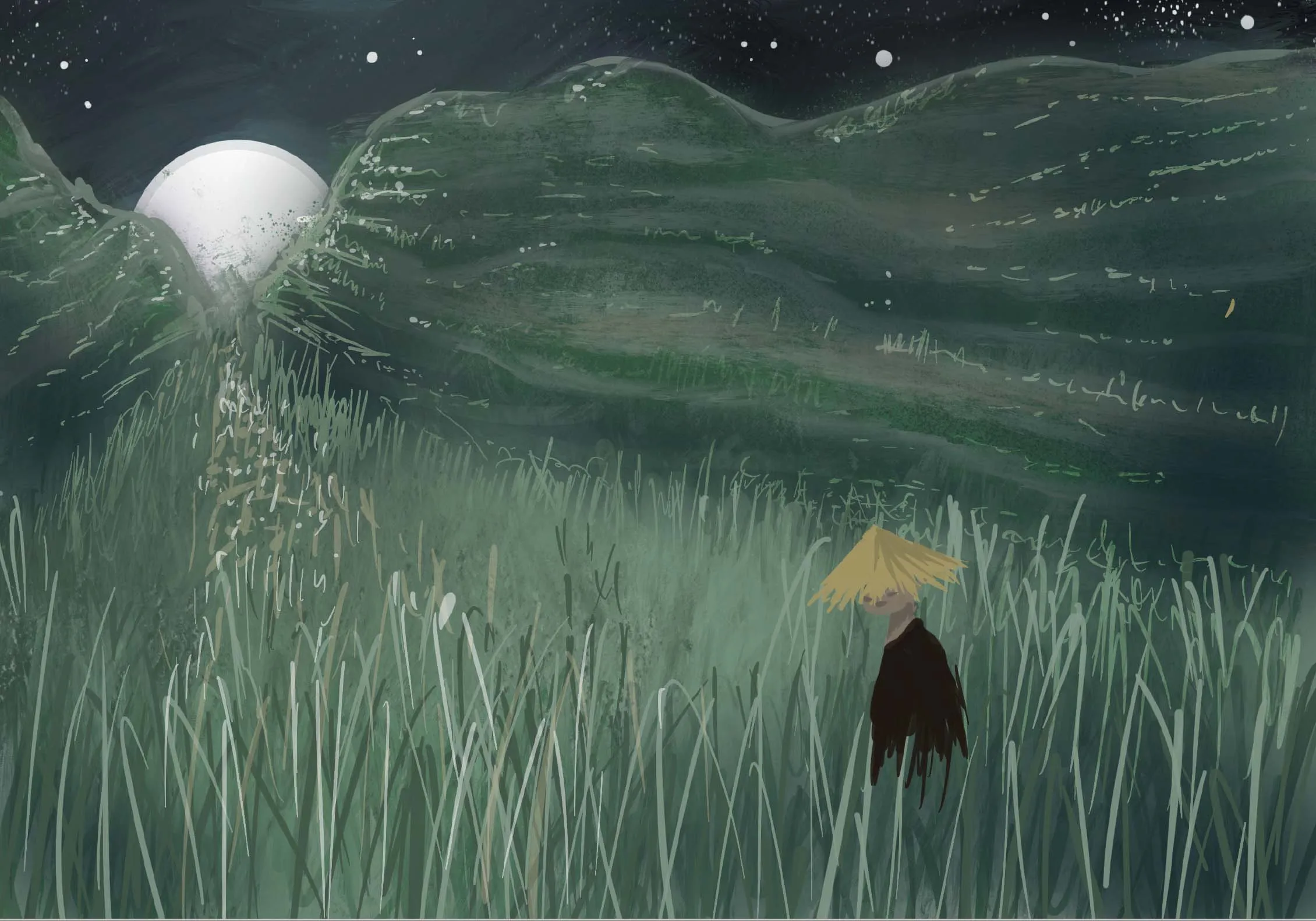 Night scene – a figure in a straw hat stands in tall grass, green hills behind, a full moon rising between the slopes under a starry sky.