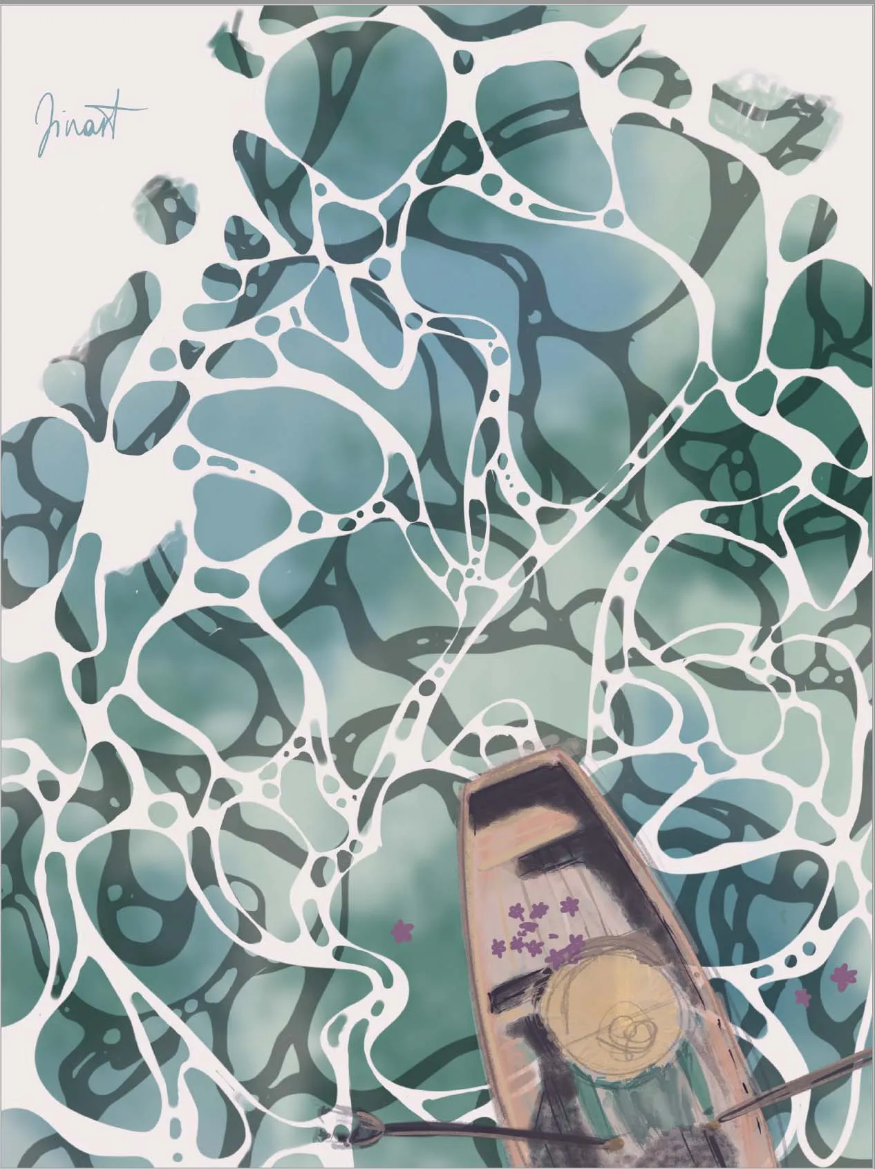 Portrait-format view from above onto turquoise water with white light reflections; a rowing boat with purple blossoms on its seat enters from the bottom right.