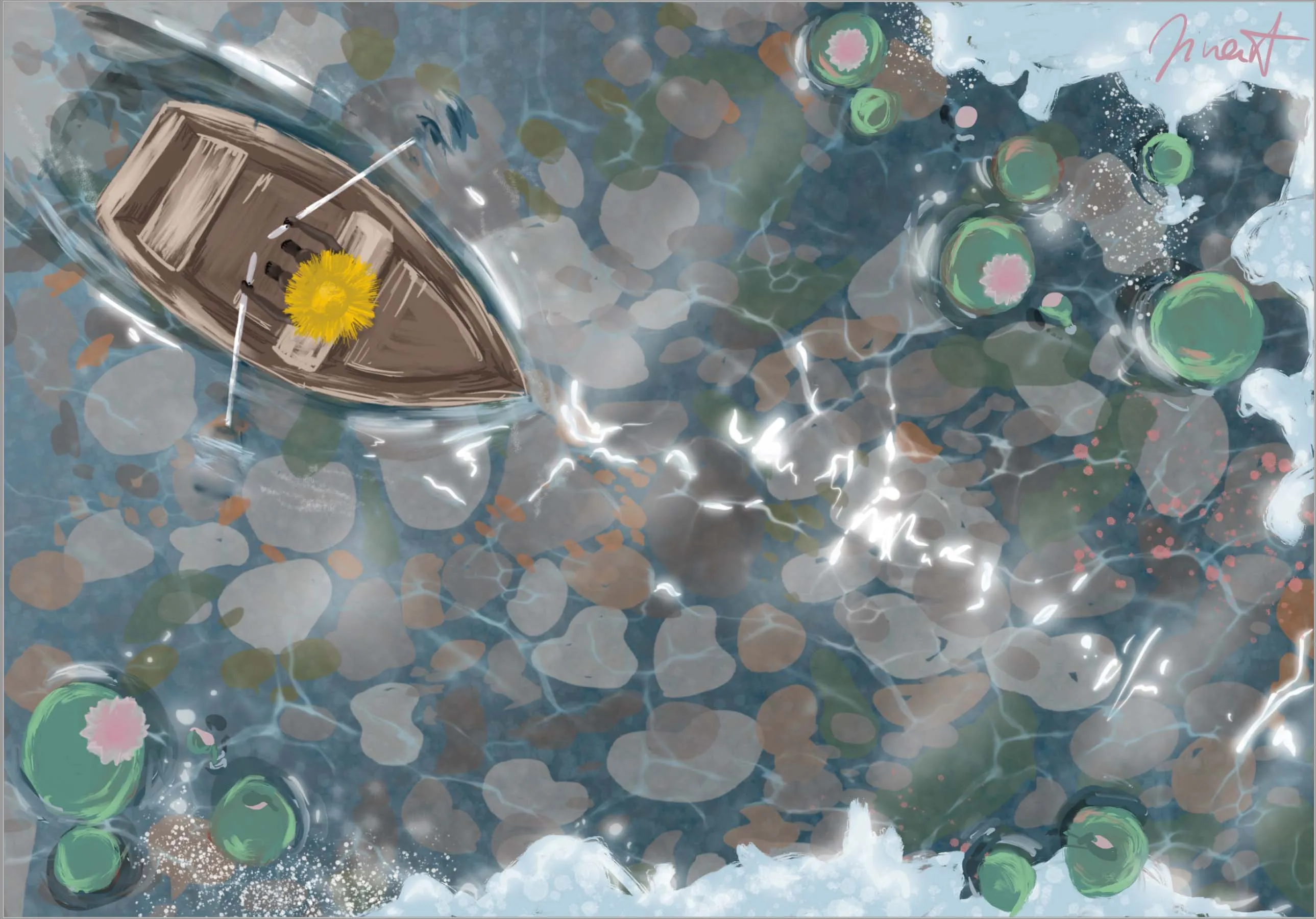 Bird's-eye view of a wooden rowing boat on clear water, a dandelion on the seat, water lilies around.