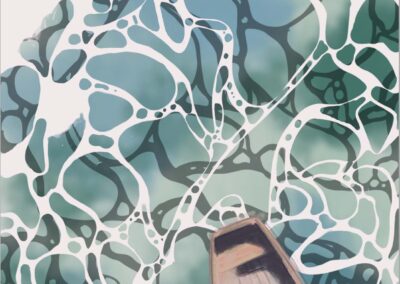 Painting of a rowing boat on the sea, seen from above