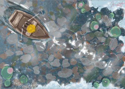 Painting of a rowing boat on a lake, seen from above